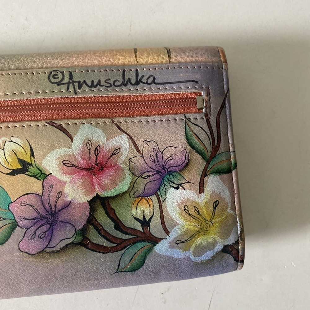 Anuschka Hand Painted Leather Wallet Garden Nature Butterfly Floral Snap Closure - Picture 9 of 16